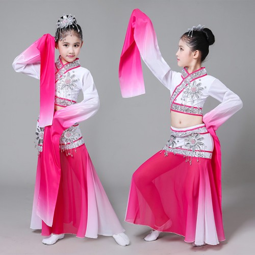 Girls chinese folk dance costumes green pink children ancient traditional fairy water sleeves hanfu drama photos yangko fan dance dresses